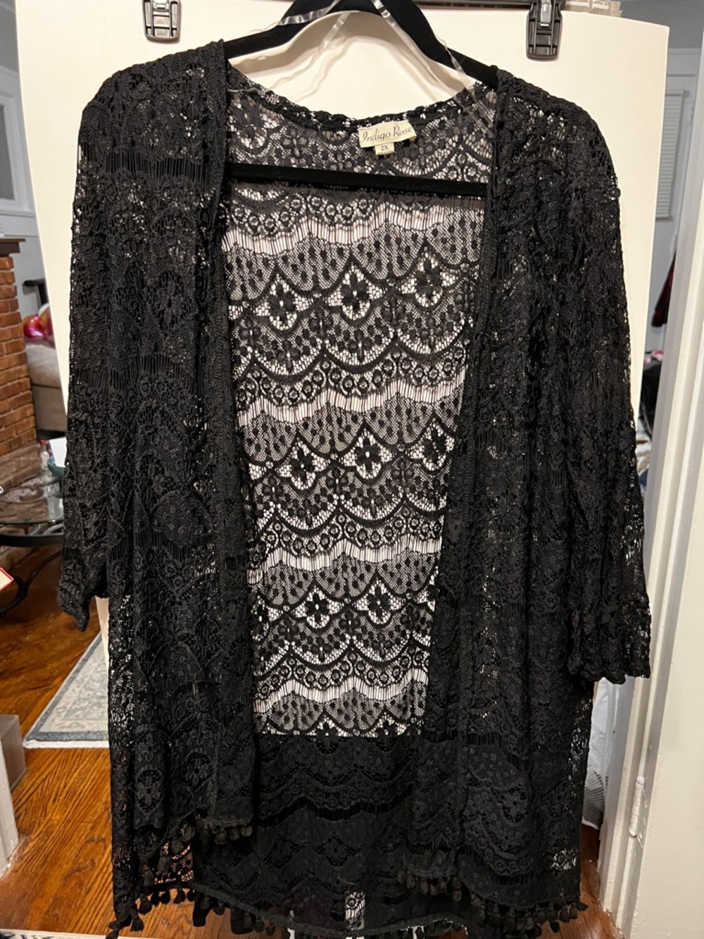 Indigo Rose Black Lace Open-Front Kimono